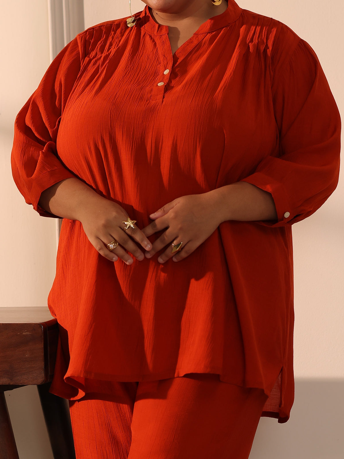 TITTLI Plus Size Women Textured Relaxed Fit Tunic Trousers Co-ord Set(Rust)