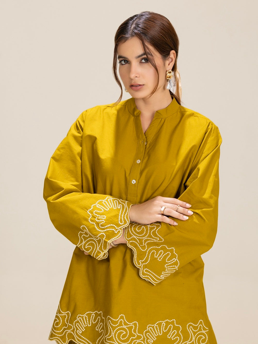 TITTLI Mustard Colour Embroidered Tunic & Trouser Co-Ord Set For Women