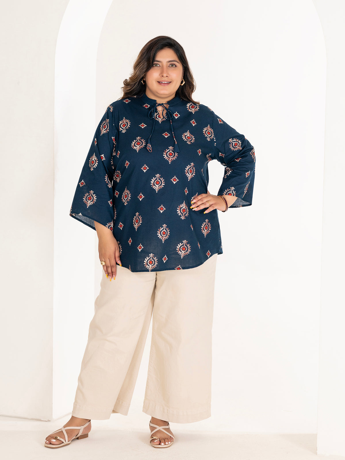 TITTLI Women Plus Size Ethnic Motif Printed Short Kurti with Mandarin Collar Keyhole Tie-Up & Three Quarter Sleeves(Airforce)