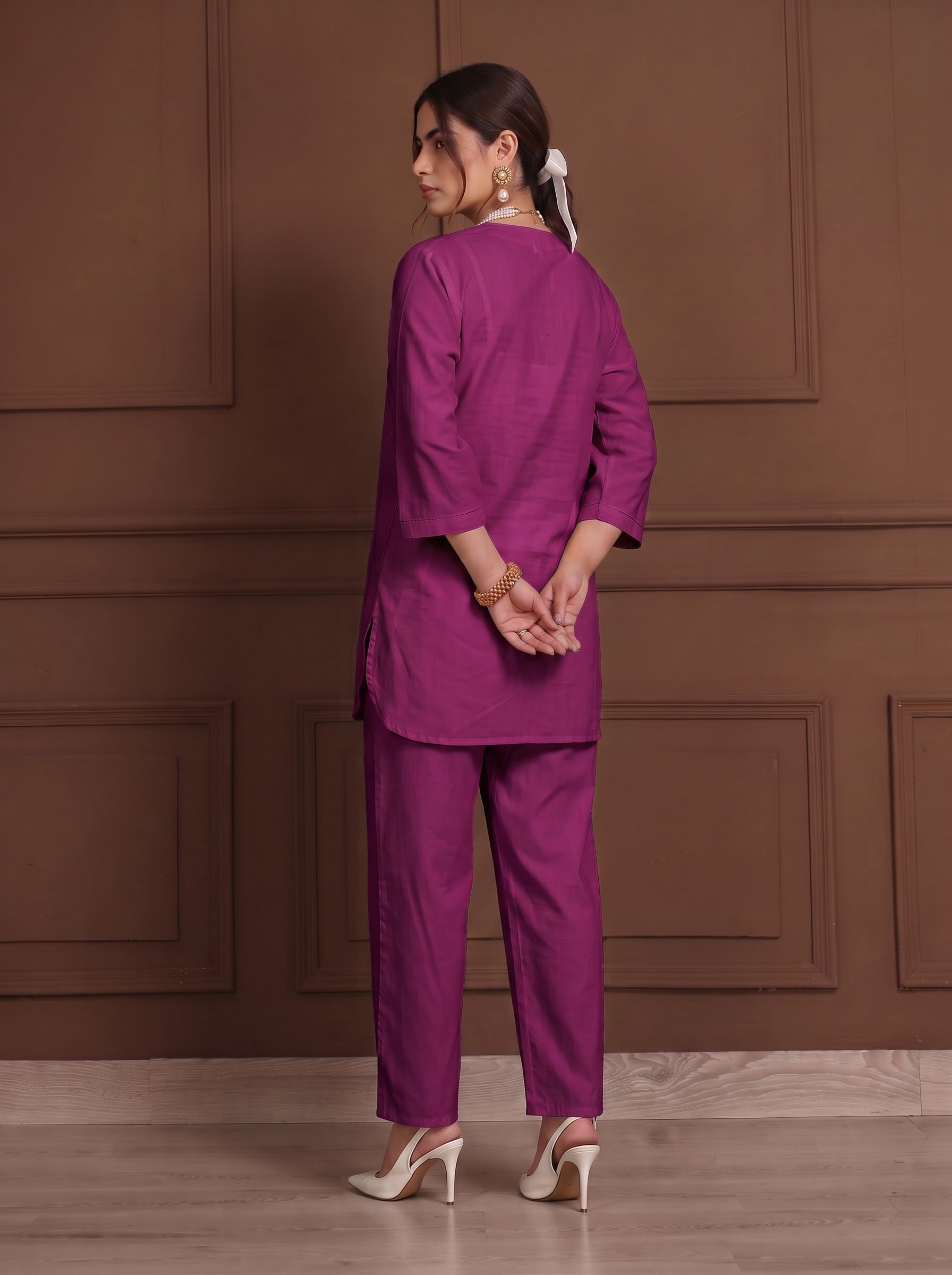 TITTLI Women Cotton Silk V-Neck Tunic & Trousers Co-Ord Set (Wine)