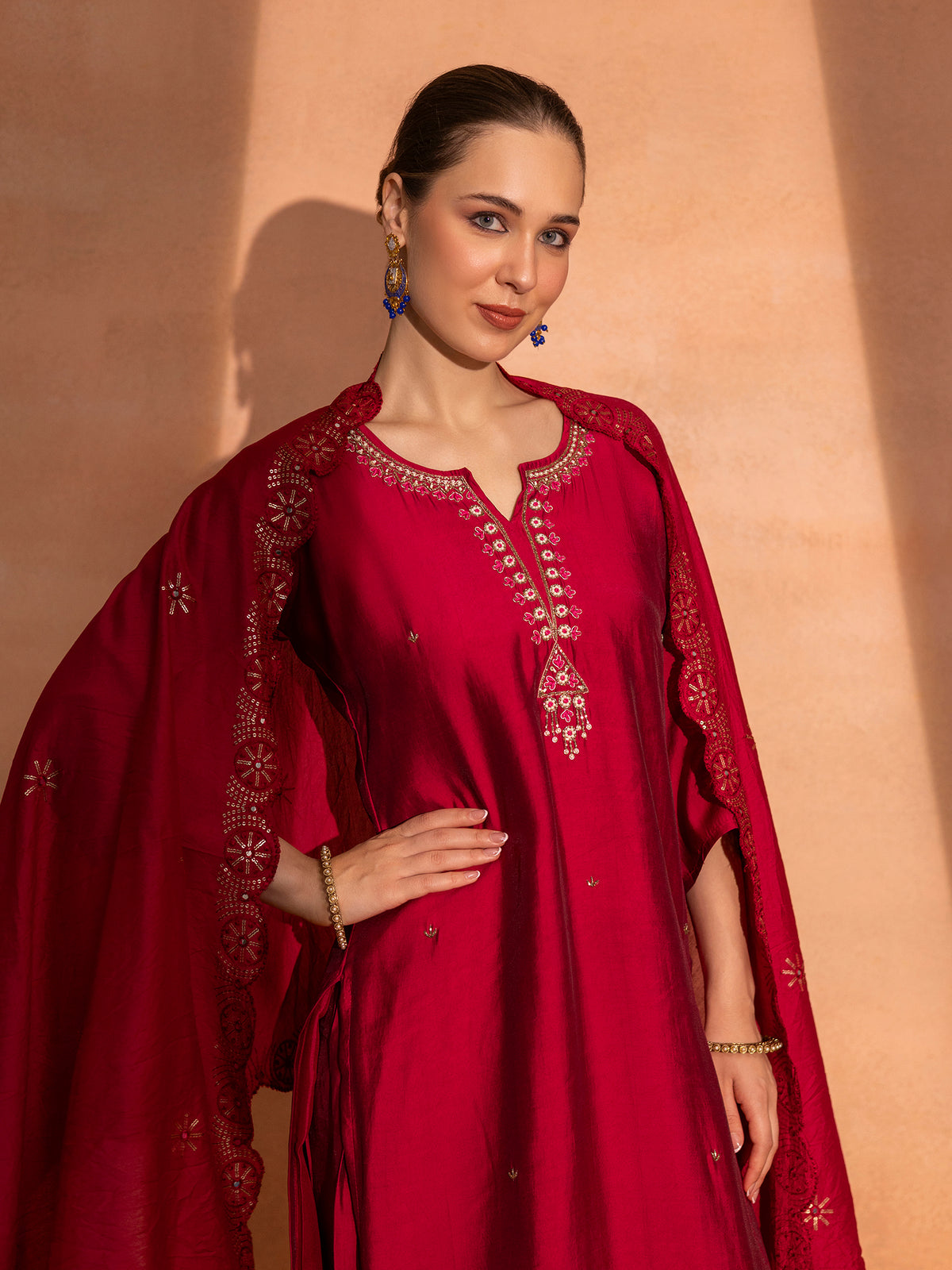 TITTLI Women's Handwork Embroidered Round Neck with V Roman Silk Kurta Set with Cut-Work Dupatta (C. Red)