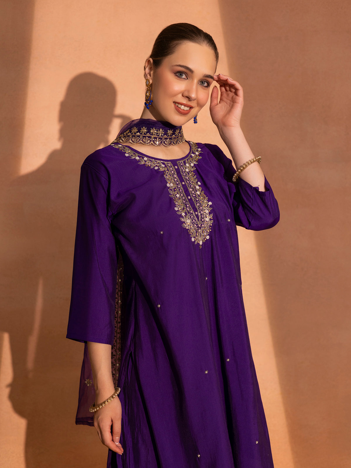 TITTLI Women Handwork Embroidered U Neck Roman Silk Kurta Set with Georgette Cutwork Dupatta (Violet)