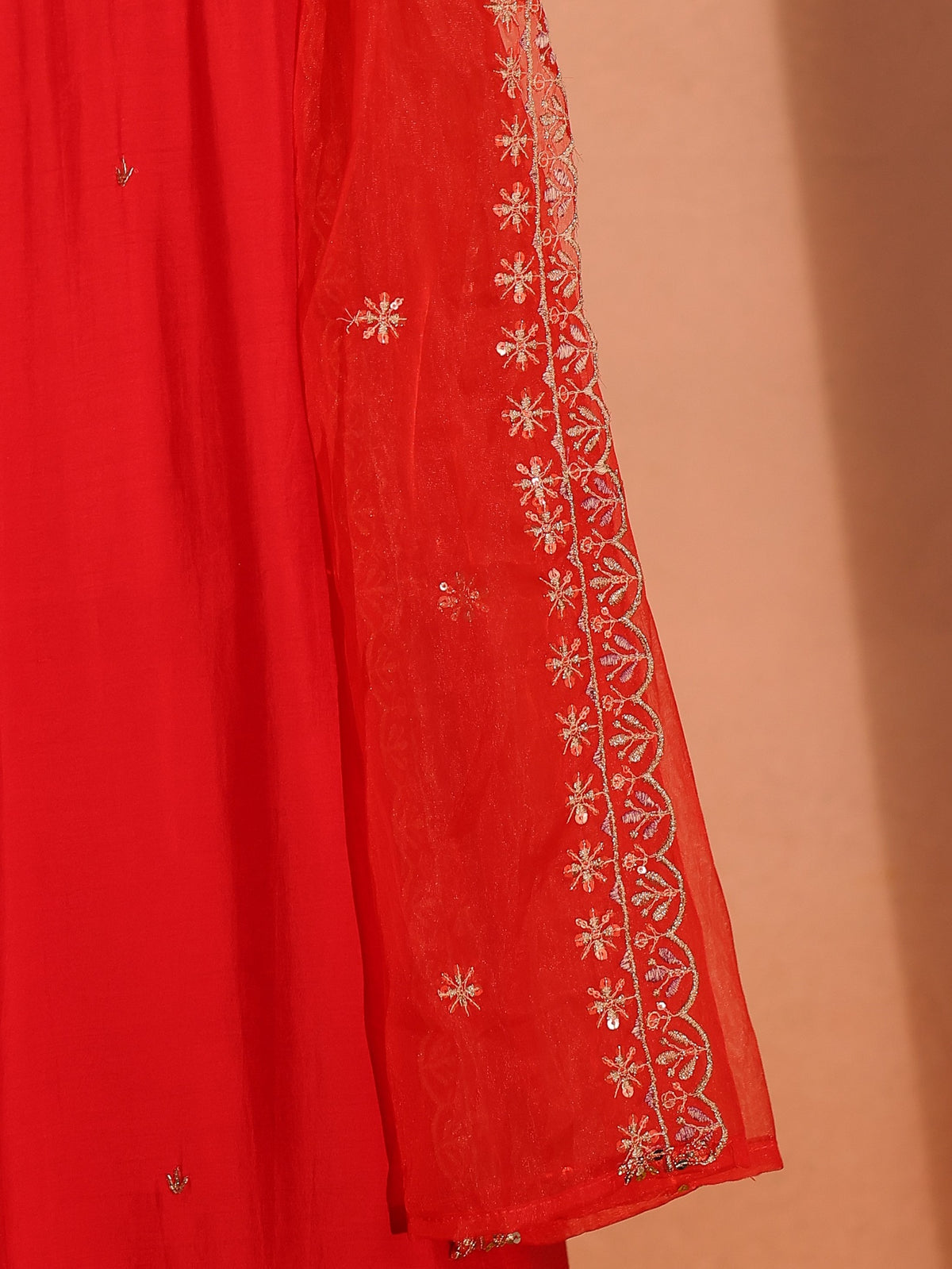 TITTLI Women Handwork Embroidered U-Neck Roman Silk Kurta Set with Dupatta(Red)