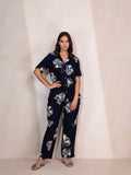Printed Button-Down Shirt Closure & Trouser Nightsuit in Rayon Fabric (Navy Blue)