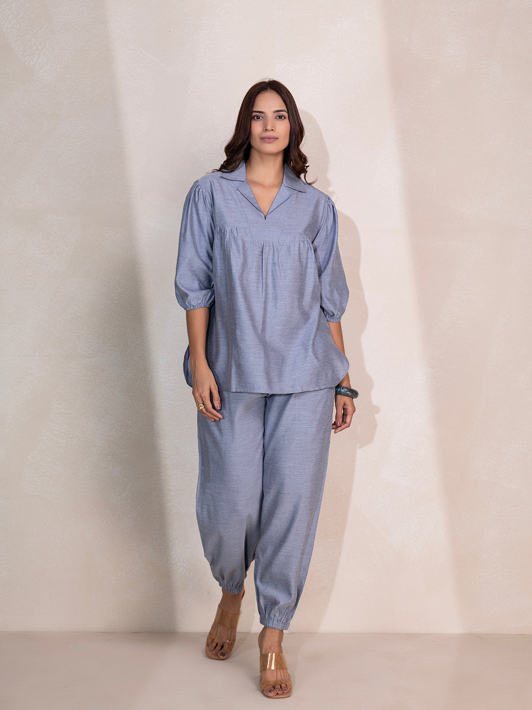 Rayon Fabric V-Neck Tunic And Trouser Co-Ord Set (Smoke Grey)
