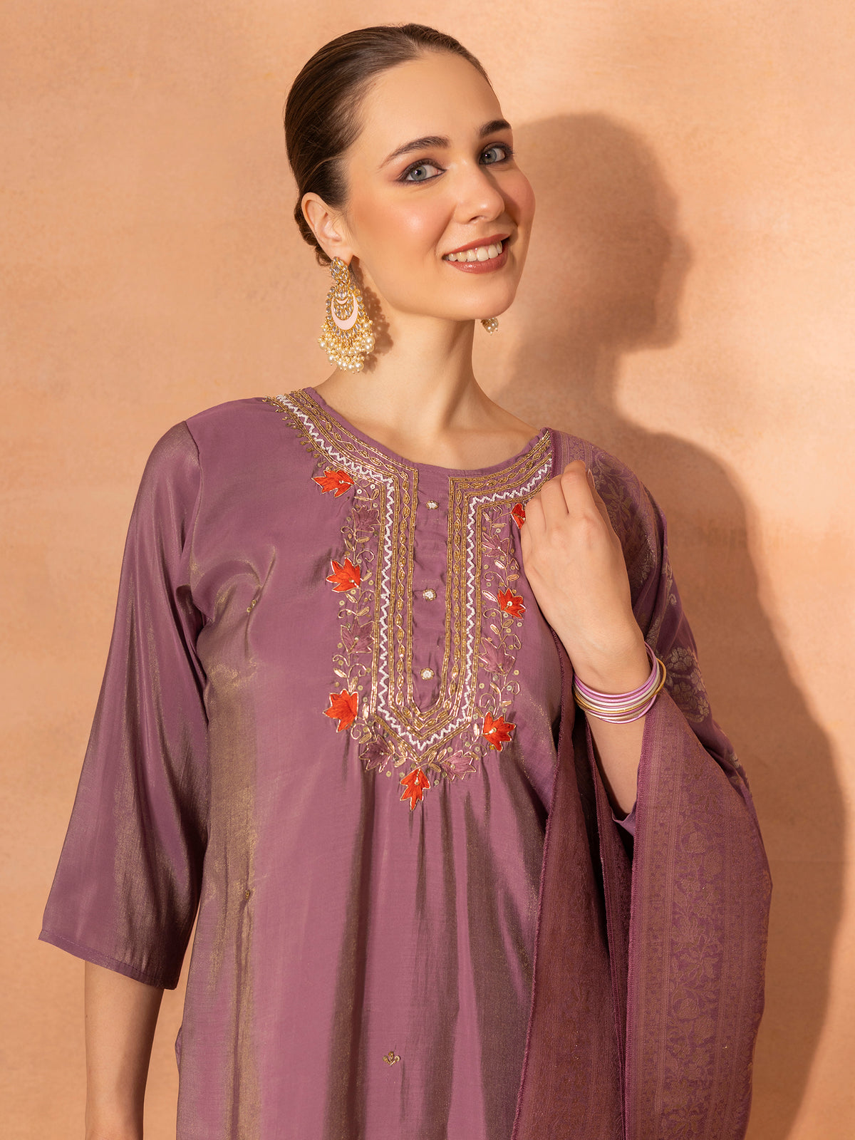 TITTLI Women Handwork Embroidered U-Neck Roman Shimmer Silk Kurta Set with Jacquard Banarasi Print Dupatta (Purple)