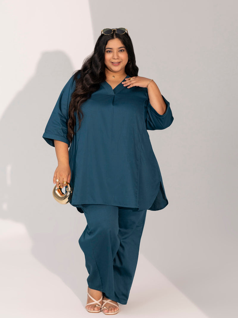TITTLI Women Cotton Silk V-Neck Tunic & Trousers Plus Size Co-Ord Set (Airforce)