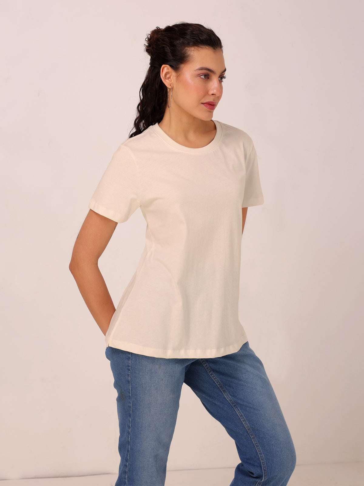 TITTLI Women Solid Colour Pure Cotton Regular Fit T-shirt(Off White)
