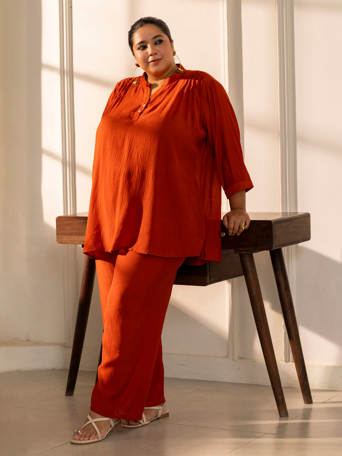 TITTLI Plus Size Women Textured Relaxed Fit Tunic Trousers Co-ord Set(Rust)