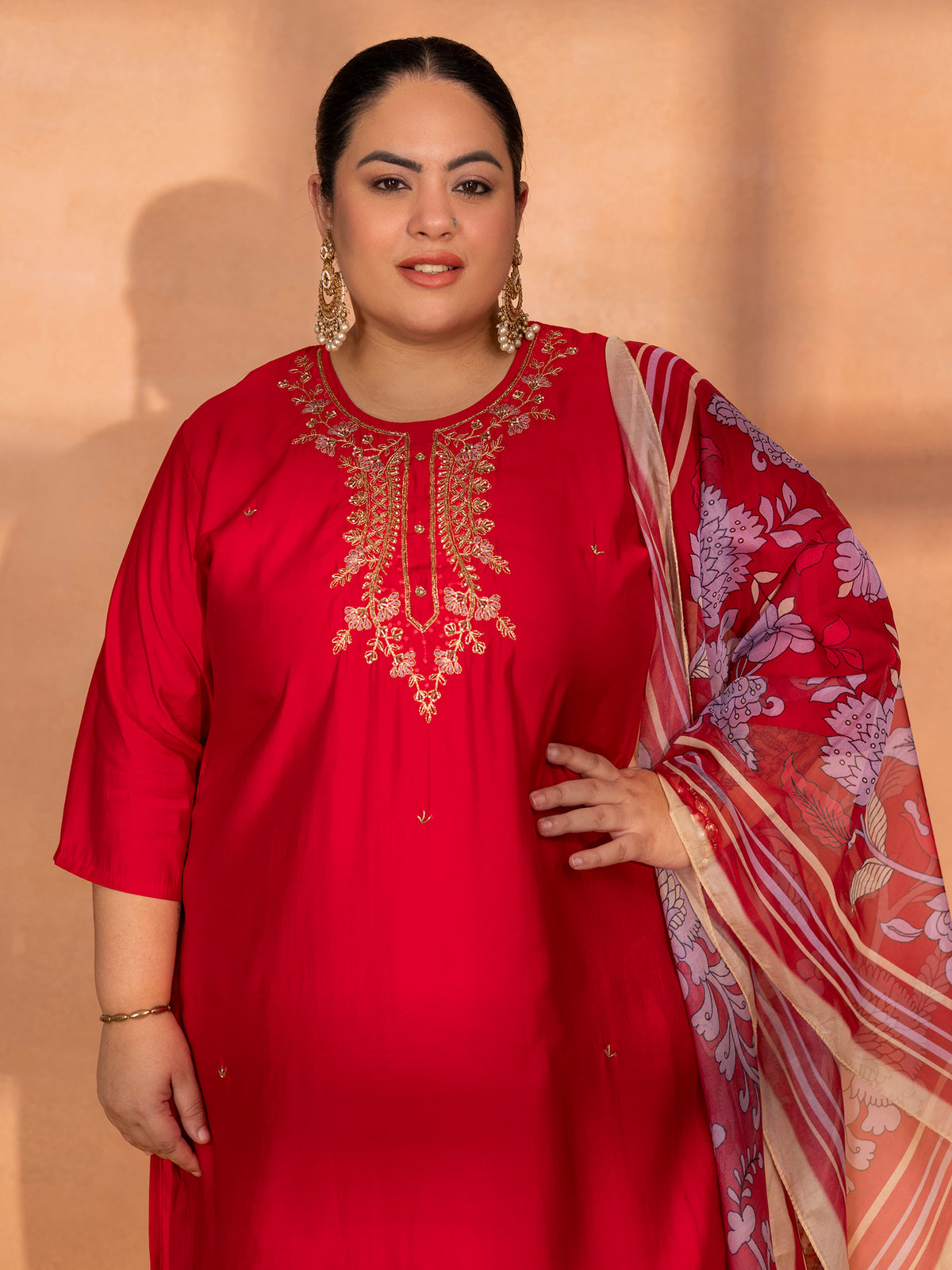 TITTLI Plus Size Women Handwork Embroidered U-Neck Roman Silk Kurta Set with Georgette Digital Print Dupatta(Cherry Red)