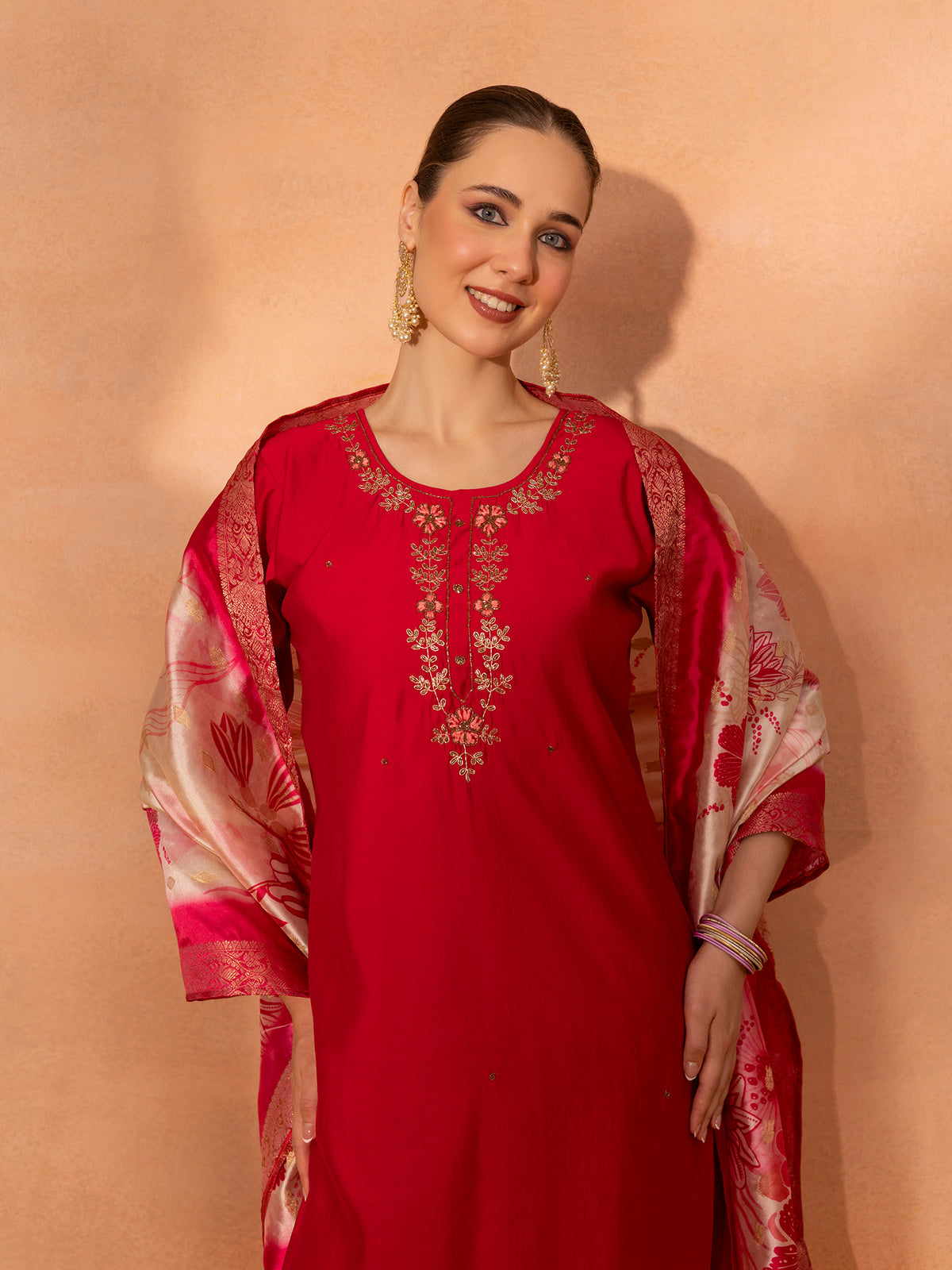 TITTLI Women Handwork Embroidered U-Neck Roman Silk Kurta Set with Jacquard Digital Print Dupatta (Red)