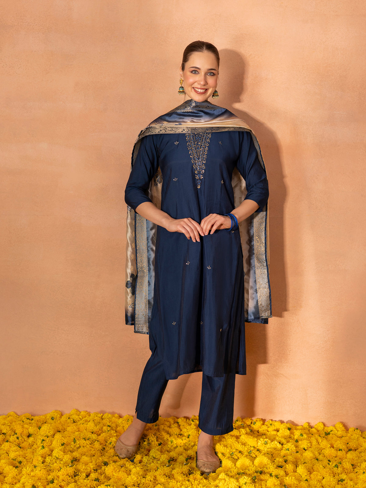TITTLI Women Handwork Embroidered Round Neck Roman Silk Kurta Set with Jacquard Digital Print Dupatta (Navy Blue)