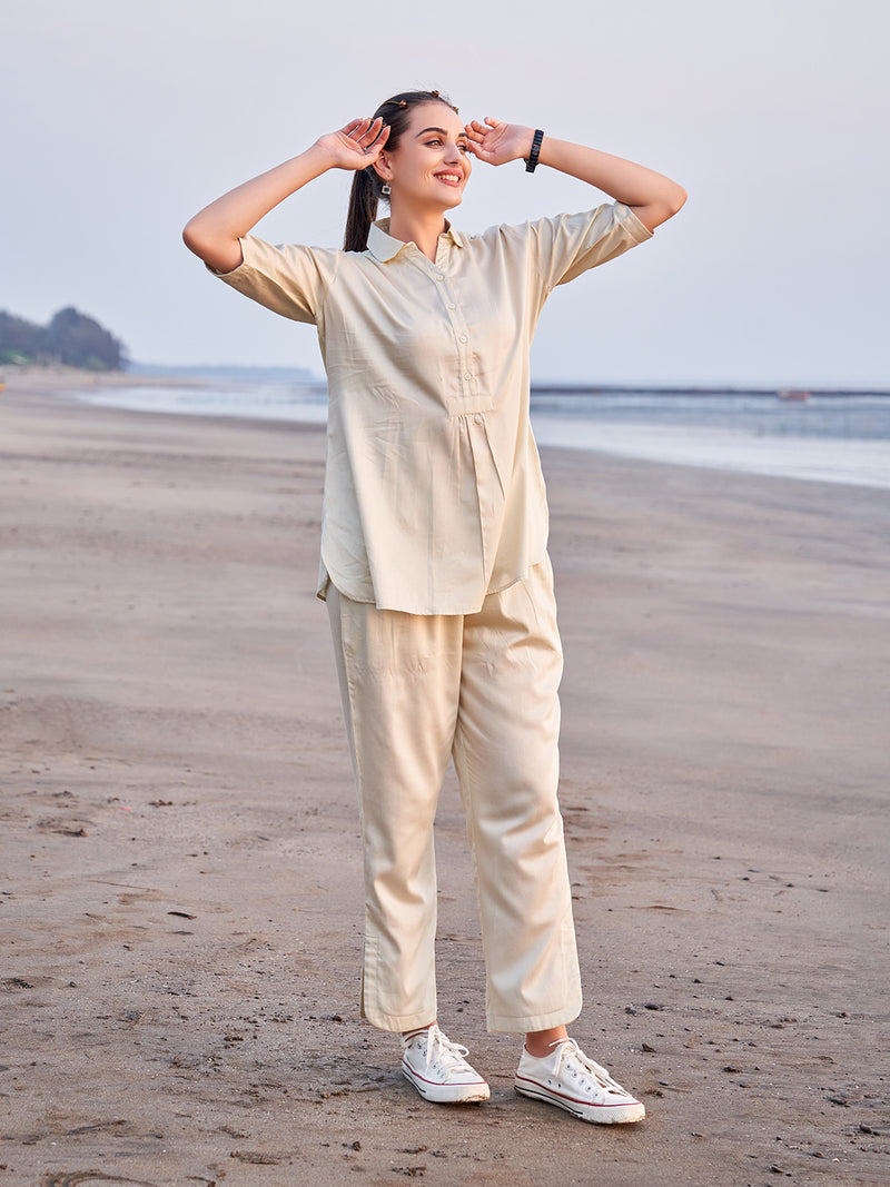 Elegant Cream Co-Ord Set with Collared Tunic for Women in India