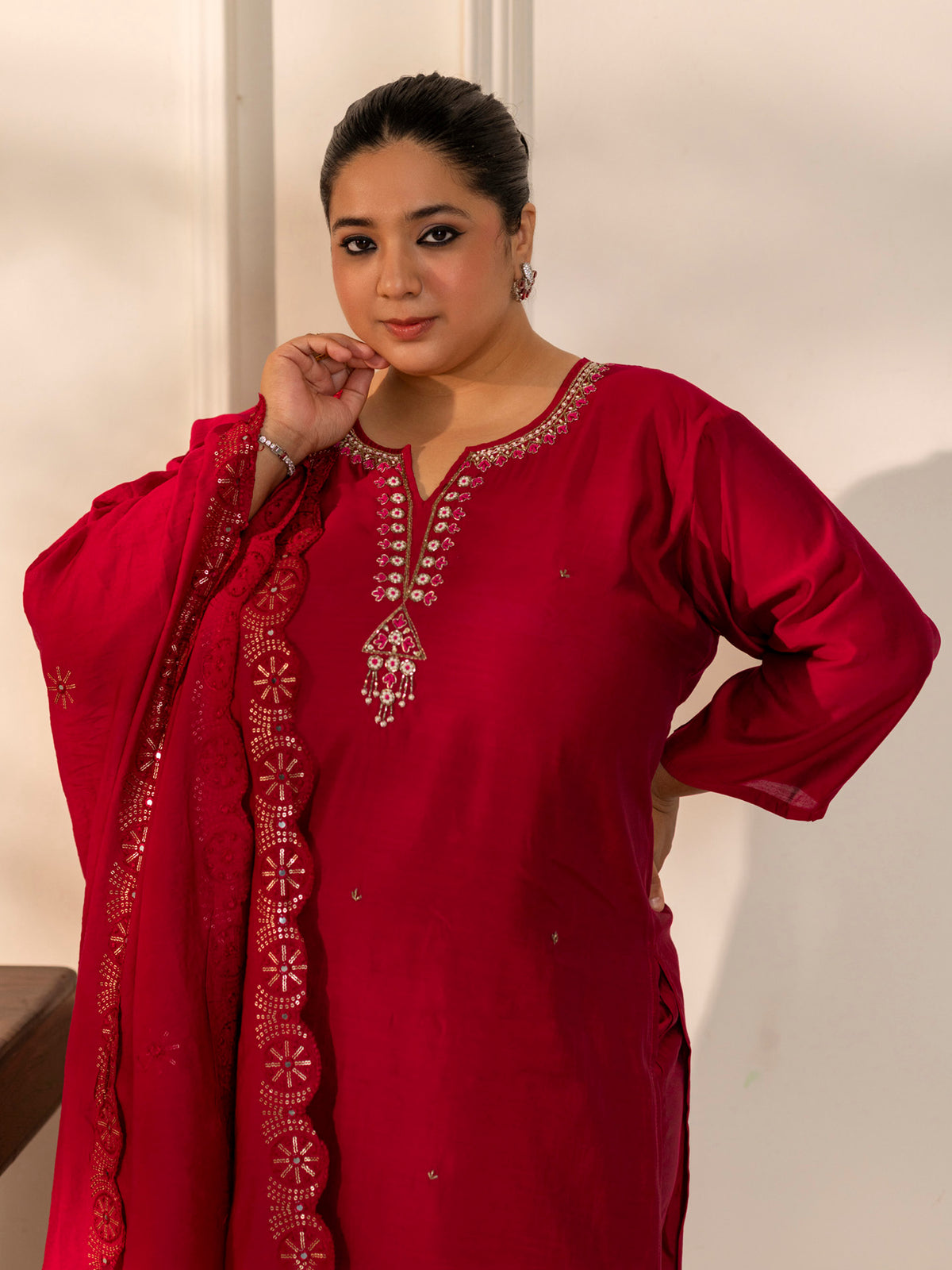 TITTLI Plus Size Women Handwork Embroidered Round Neck with V Roman Silk Kurta Set with Cut-Work Dupatta (C. Red)