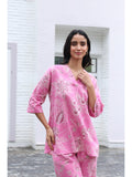 Printed V Neck Boxy fit Cotton Co-Ord Set (Pink)