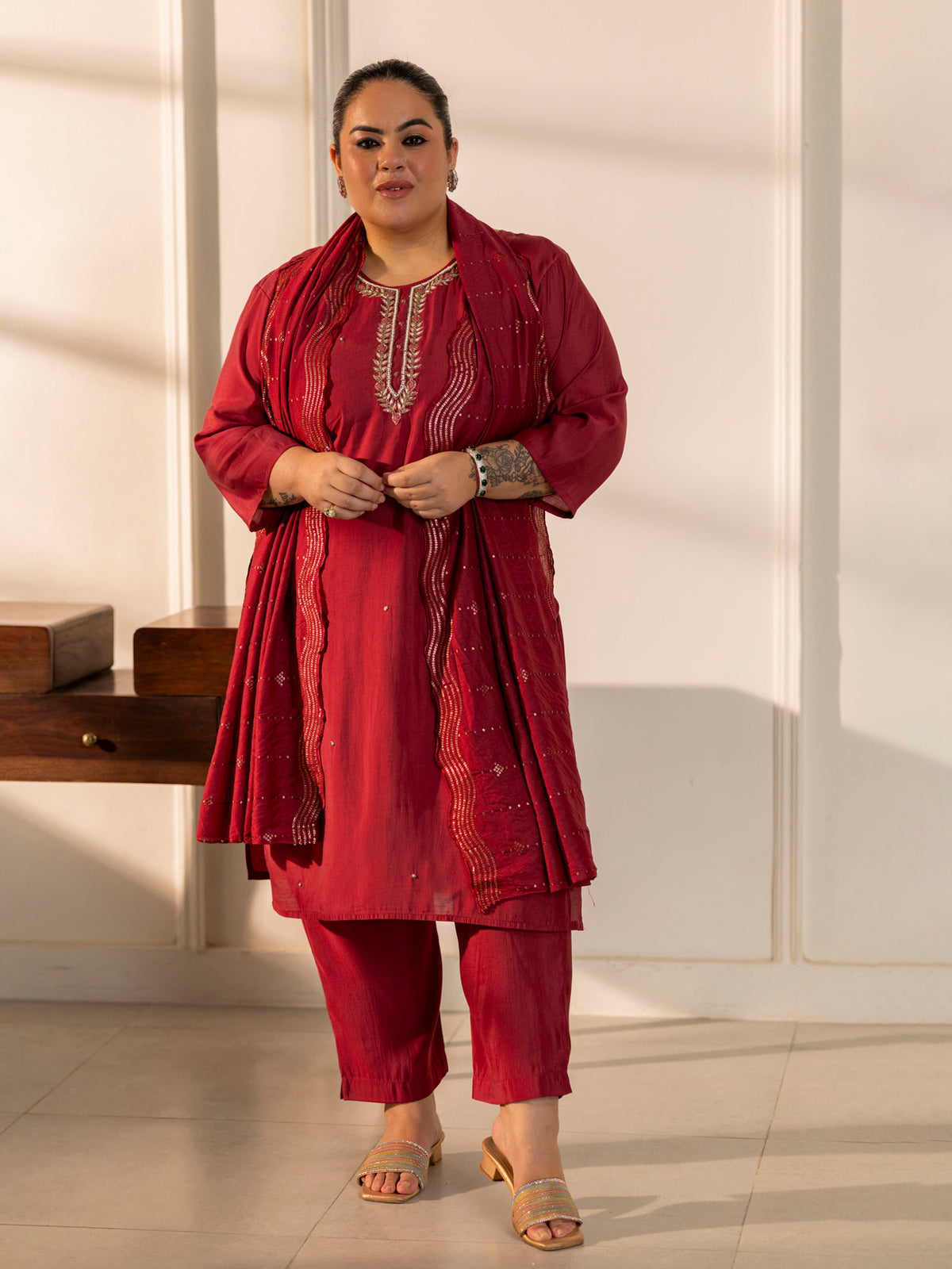 TITTLI Plus Size Women Handwork Embroidered U-Neck Roman Silk Kurta Set with Rayon Sequin Work Dupatta (Gajjar)