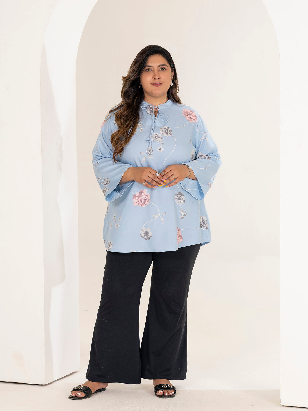 TITTLI Women Plus Size Floral Printed Short Kurti with Round Neck Collar Keyhole Tie-Up & Full Sleeves(Sky blue)