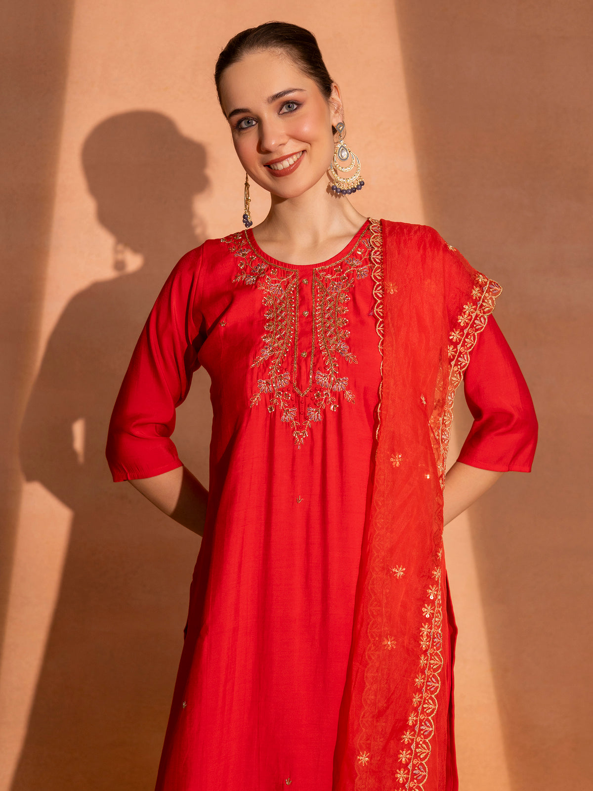 TITTLI Women Handwork Embroidered U-Neck Roman Silk Kurta Set with Dupatta(Red)