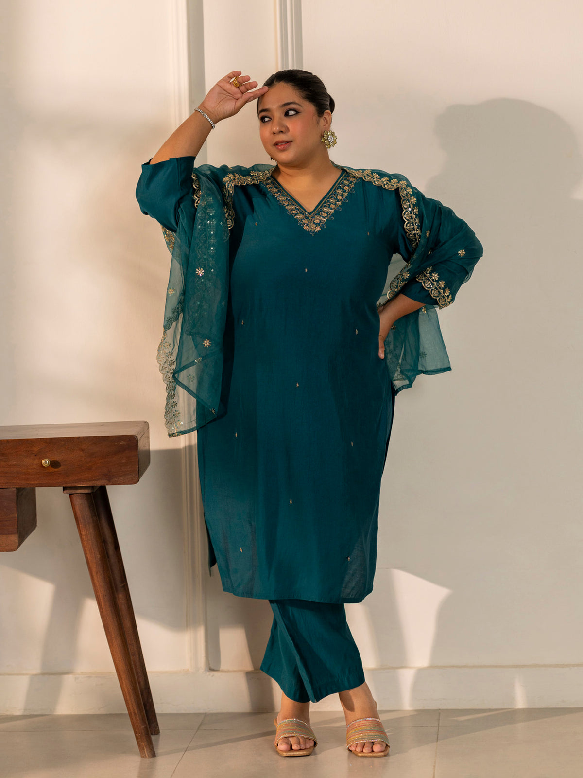 TITTLI Plus Size Women Handwork Embroidered V-Neck Roman Silk Kurta Set with Georgette Cutwork Dupatta (Rama)