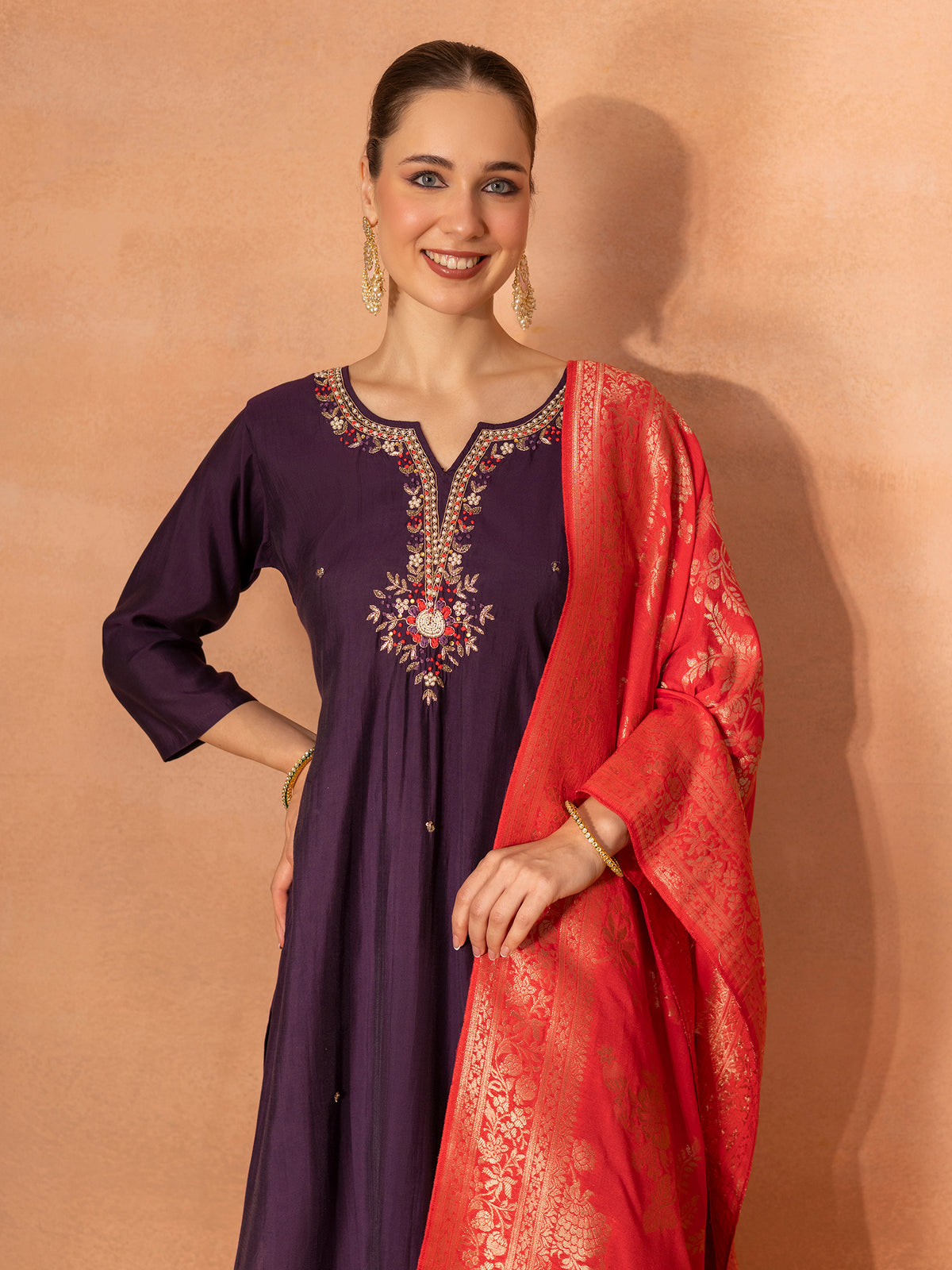 TITTLI Women Handwork Embroidered Round Neck with V Drape Roman Silk Kurta Set with Cut-Work Dupatta (Wine)