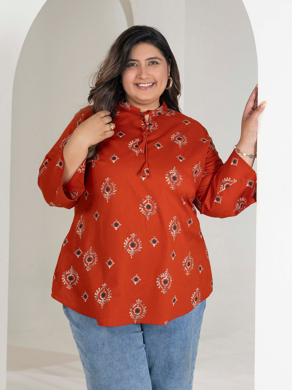 TITTLI Women Plus Size Ethnic Motif Printed Short Kurti with Mandarin Collar Keyhole Tie-Up & Three Quarter Sleeves(Orange)