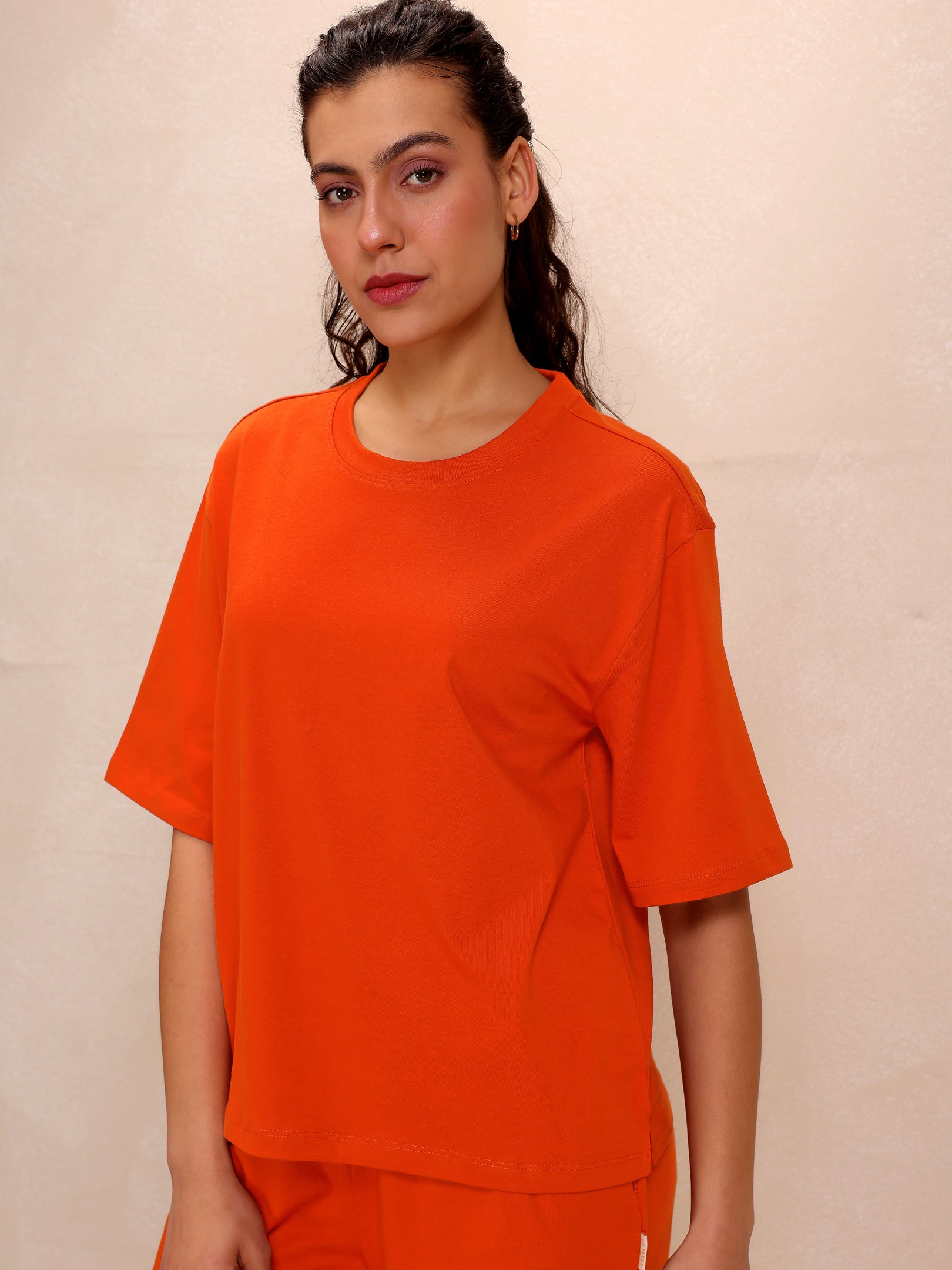 TITTLI Women Pure Cotton Solid T-Shirt And Trouser Co-Ord Set (Orange)