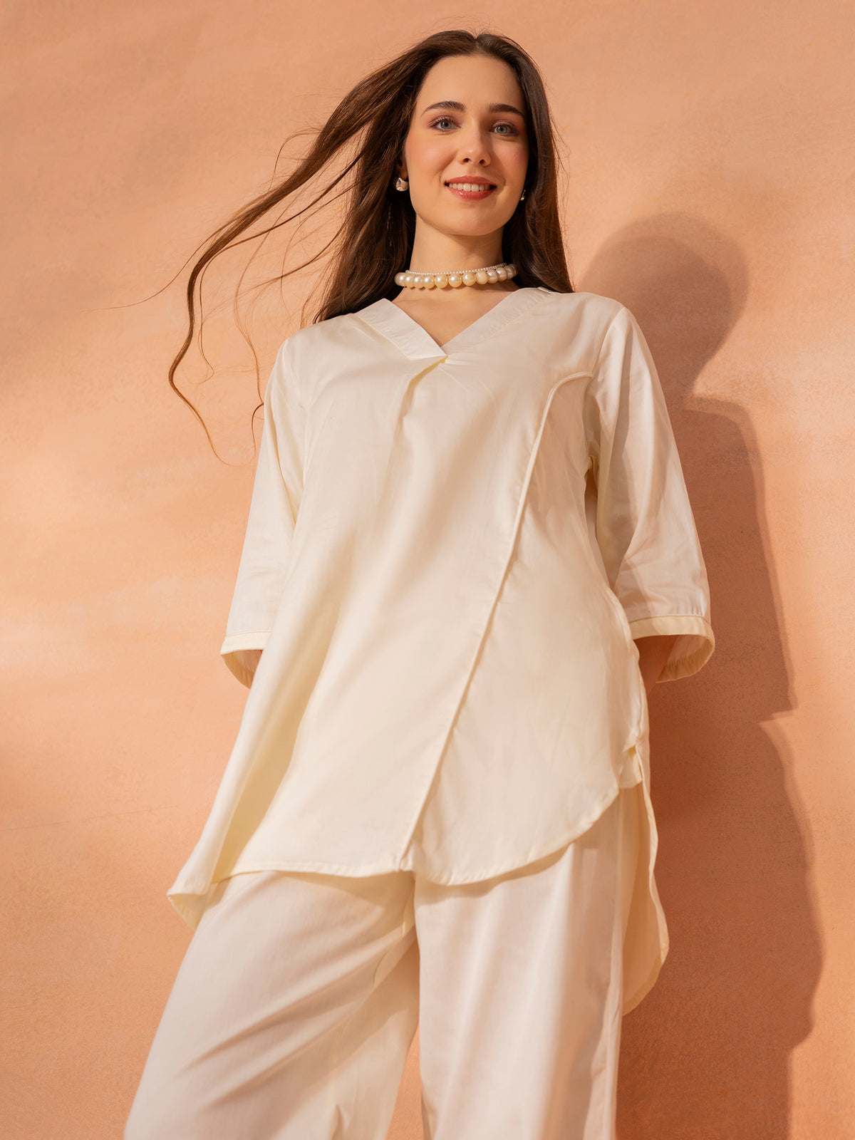 TITTLI Women Cotton Silk V-Neck Tunic & Trousers Co-Ord Set (Cream)