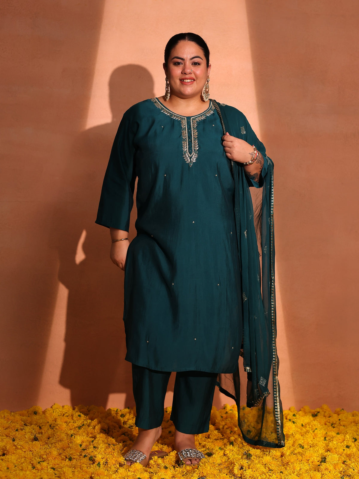 TITTLI Plus Size Women Handwork Embroidered U-Neck Roman Silk Kurta Set with Georgette Cutwork Dupatta(Rama)