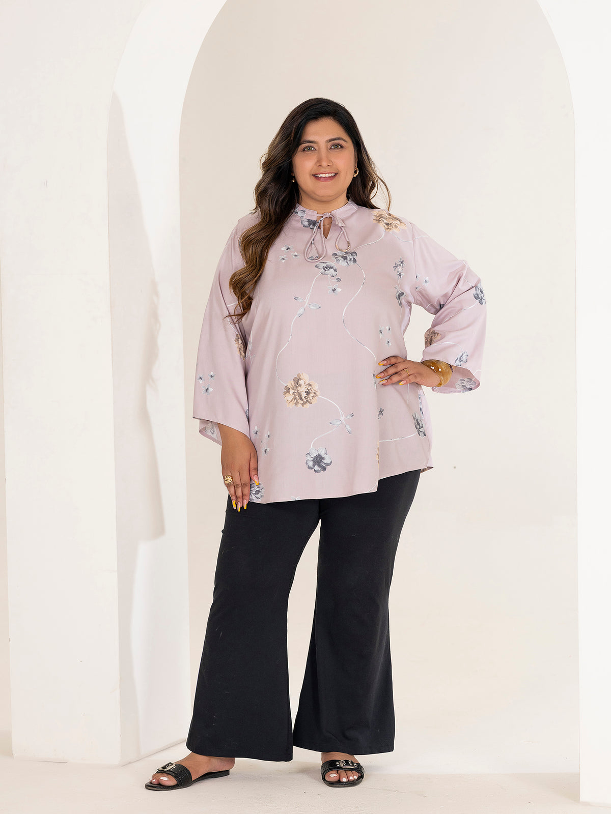 TITTLI Women Plus Size Floral Printed Short Kurti with Round Neck Collar Keyhole Tie-Up & Full Sleeves(Rose)
