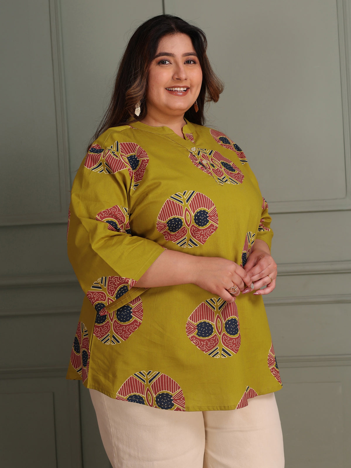 TITTLI Women Plus Size Printed Pure Cotton Mandarin Collar Casual Kurti (Mustard)