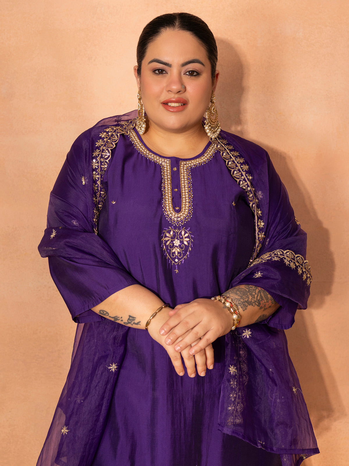 TITTLI Plus Size Women Handwork Embroidered U-Neck Roman Silk Kurta Set with Georgette Cutwork Dupatta(Violet)