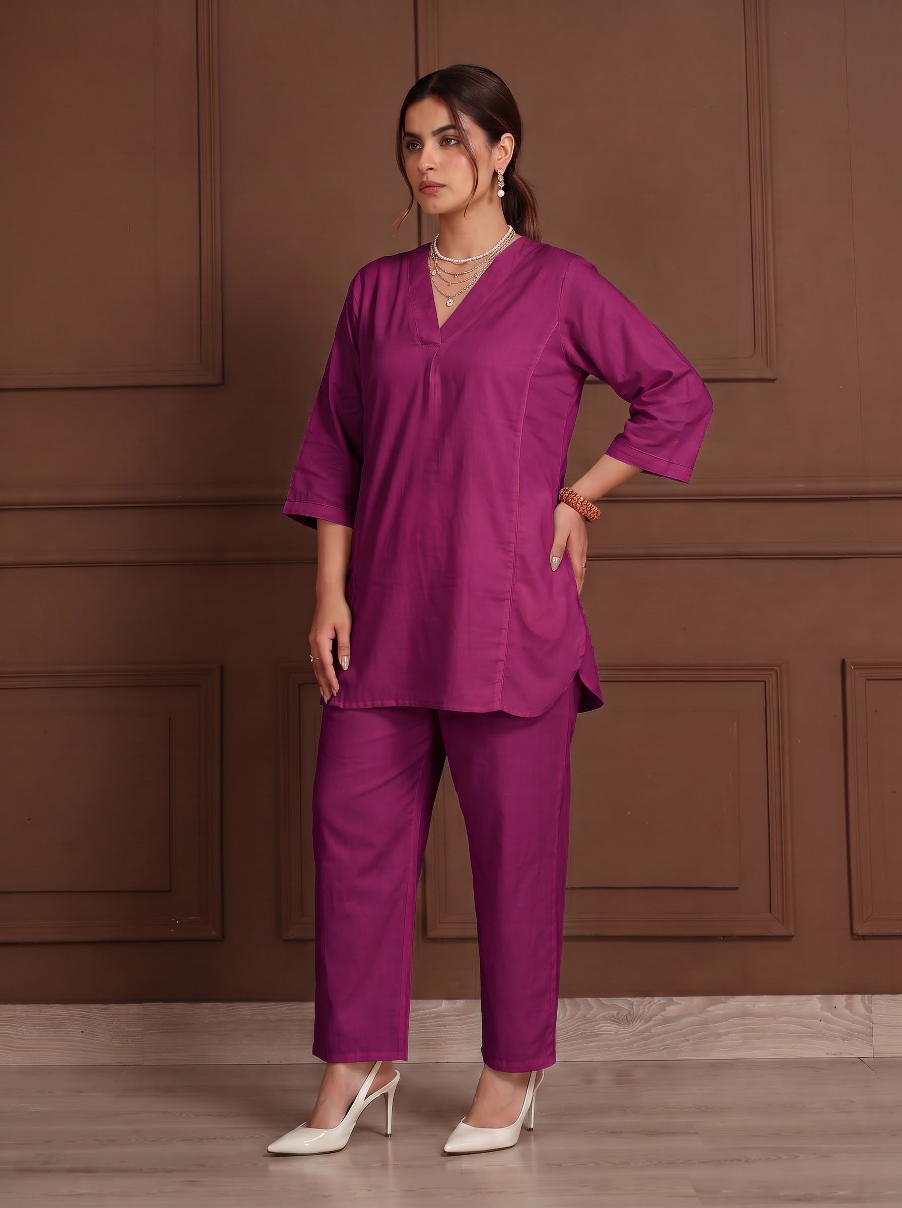 TITTLI Women Cotton Silk V-Neck Tunic & Trousers Co-Ord Set (Wine)