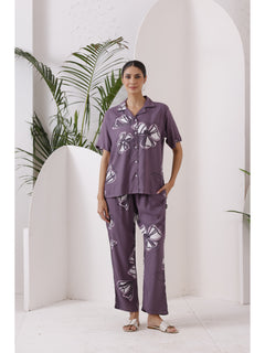 Printed Button-Down Shirt Closure & Trouser Nightsuit in Rayon Fabric (D. Purple)