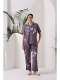 Printed Button-Down Shirt Closure & Trouser Nightsuit in Rayon Fabric (D. Purple)