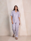 Printed Button-Down Shirt Closure & Trouser Nightsuit in Rayon Fabric (Grey)