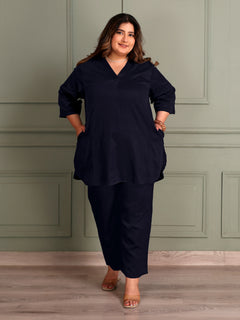 TITTLI Women's Cotton Silk V-Neck Tunic & Trousers Plus Size Co-Ord Set (Navy Blue)