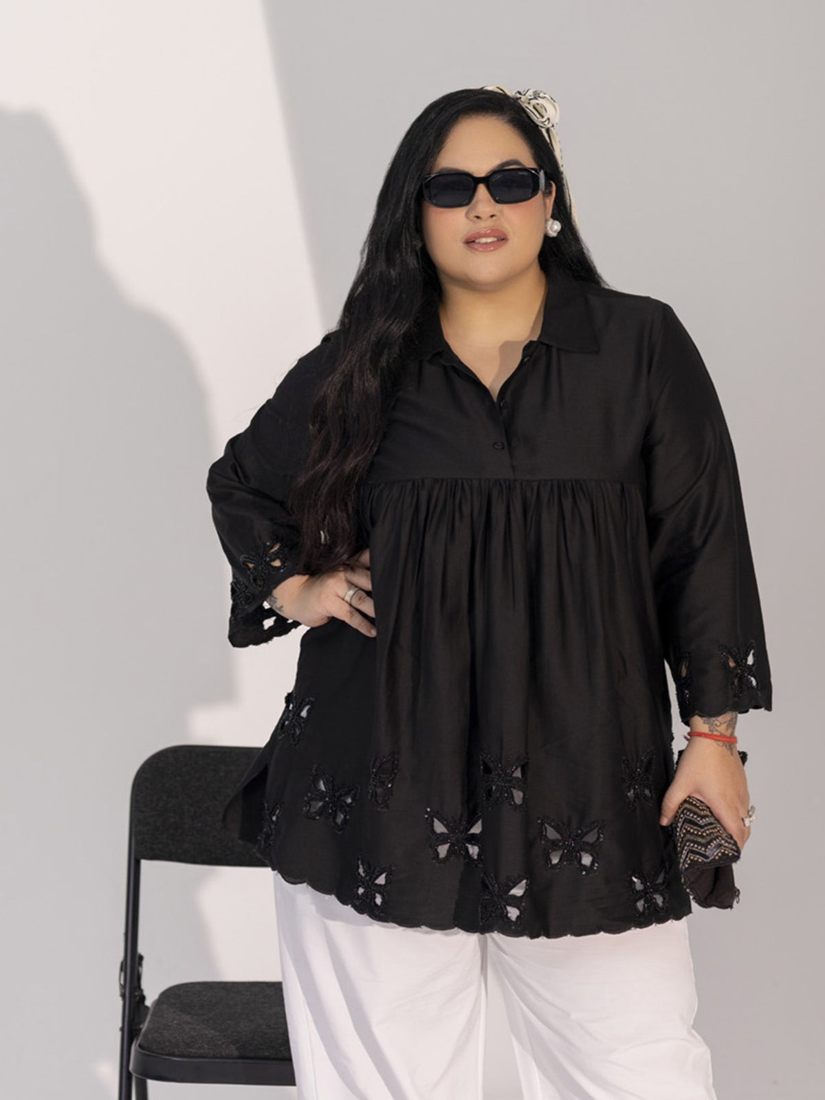 TITTLI Plus Size Women Cotton Silk Butterfly Handwork Embroidered Shirt Collar Kurti(Black)