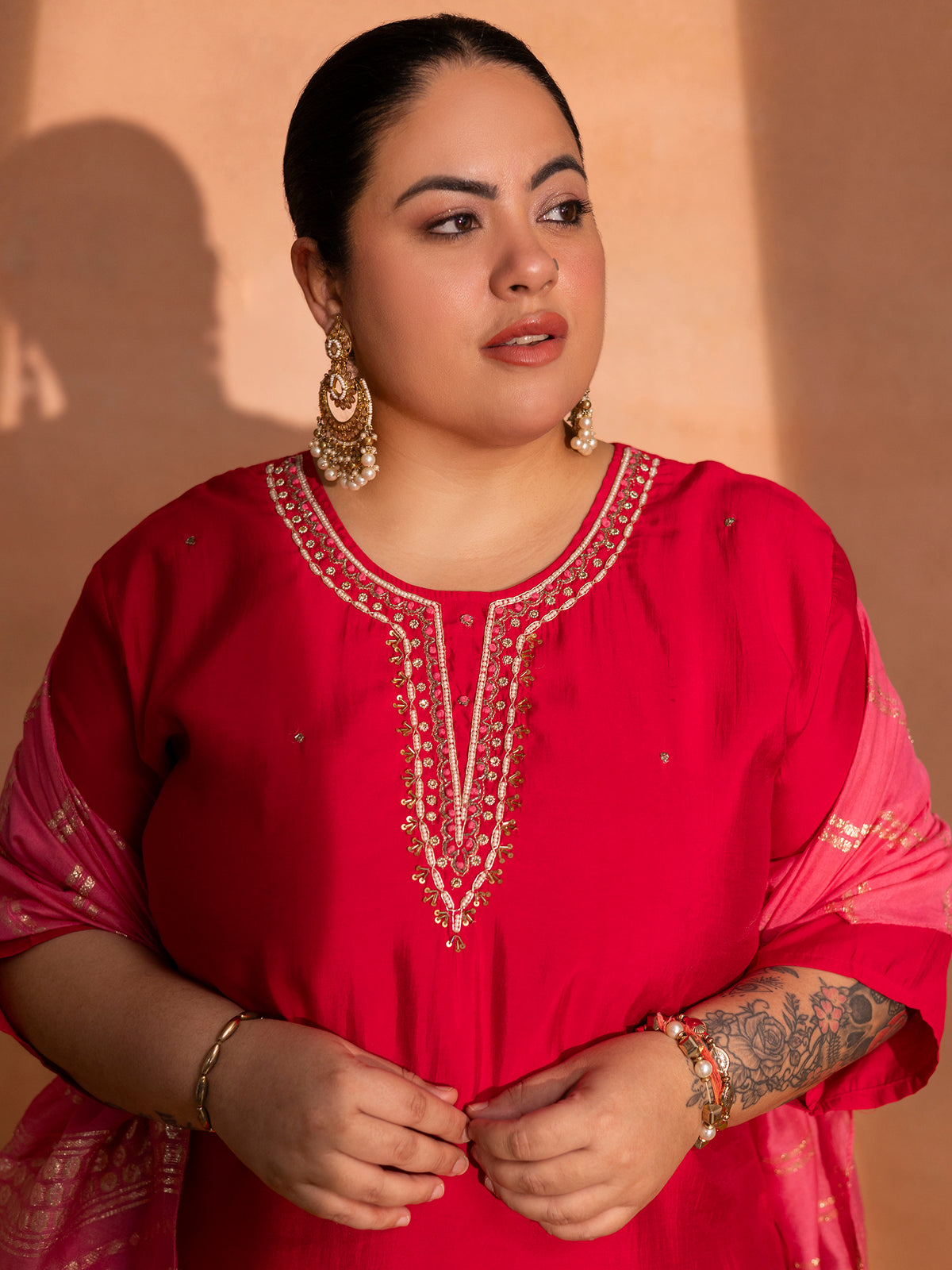 TITTLI Plus Size Women Handwork Embroidered U-Neck Roman Silk Kurta Set with Jacquard Dupatta (Red)