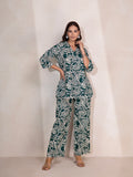 Printed Maroon V Neck Boxy fit Cotton Co-Ord Set (B. Green)