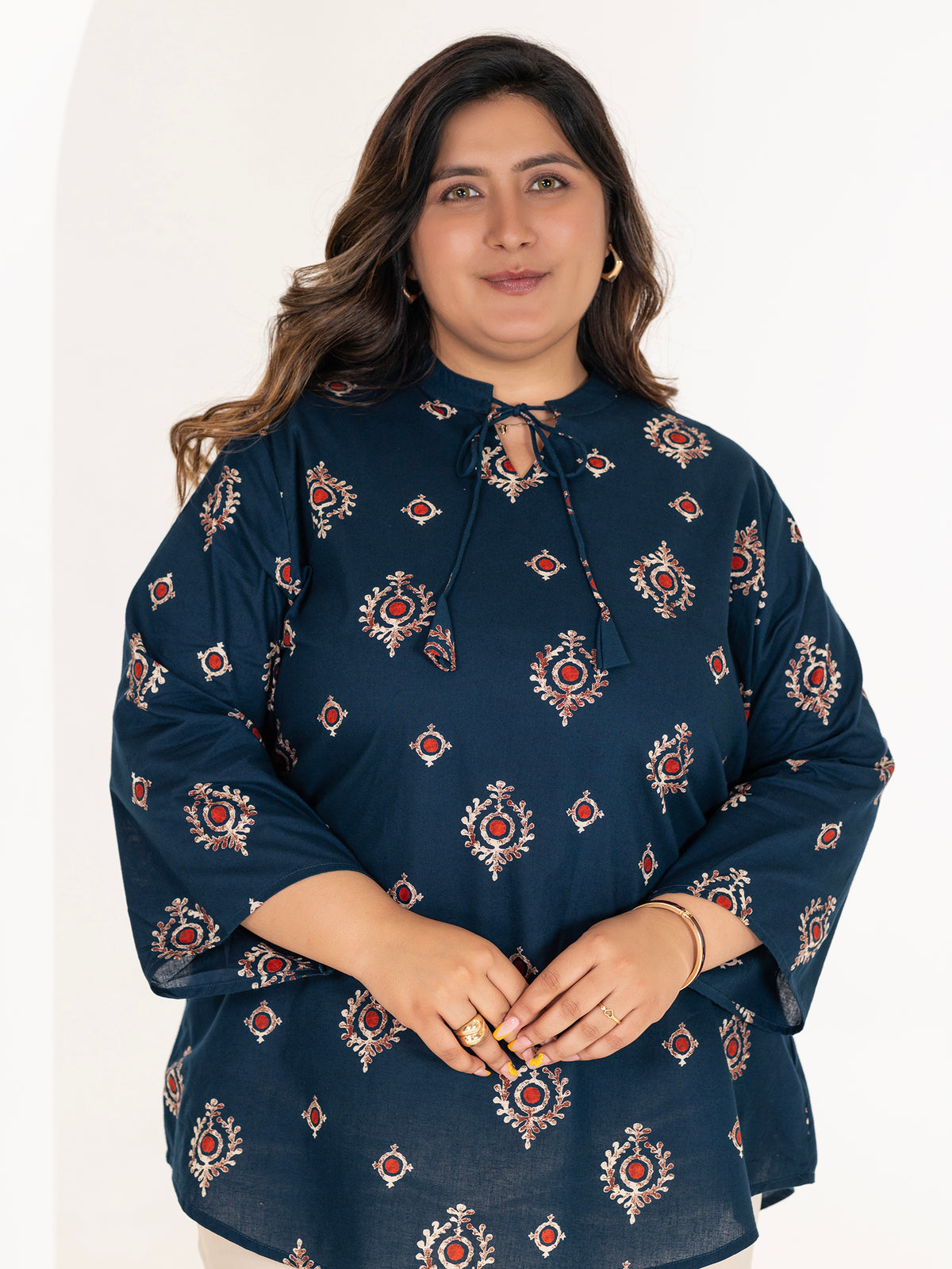 TITTLI Women Plus Size Ethnic Motif Printed Short Kurti with Mandarin Collar Keyhole Tie-Up & Three Quarter Sleeves(Airforce)