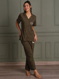 TITTLI Women Pure Cotton Shirt and Pyjama Nightsuit(Brown)