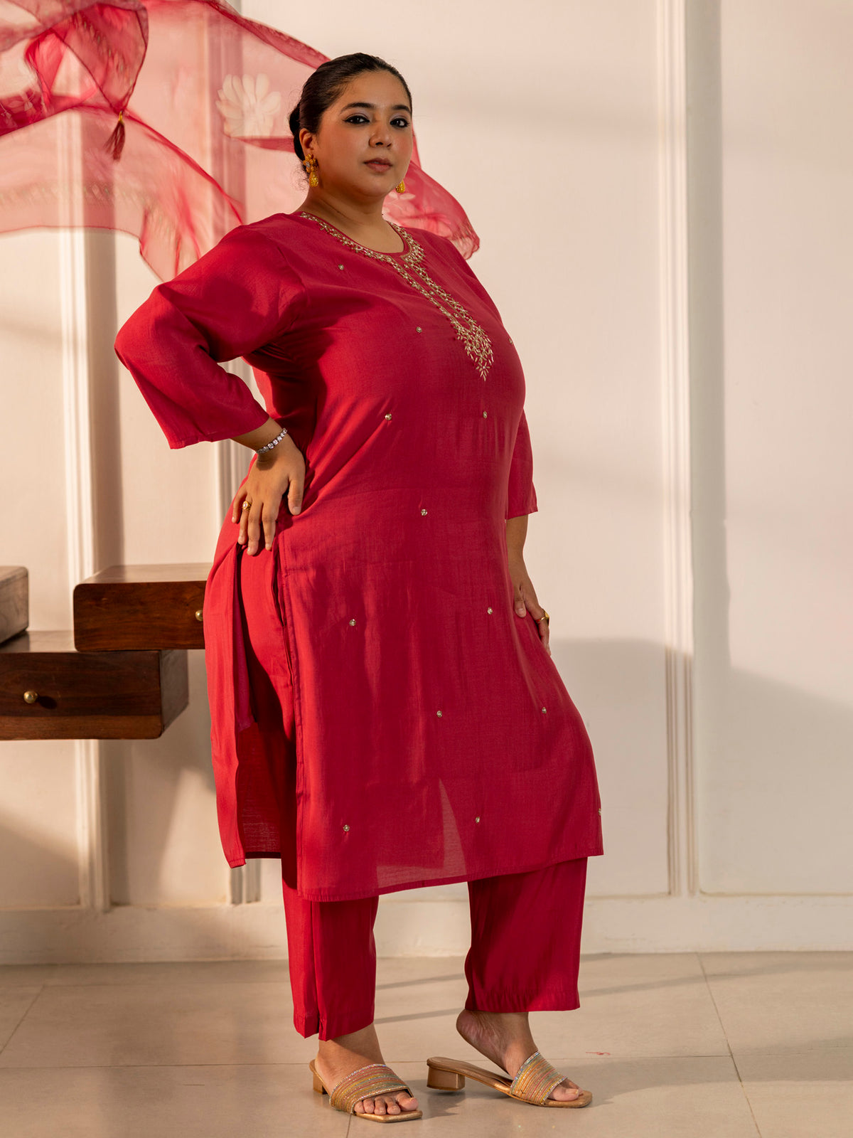 TITTLI Plus Size Women Handwork Embroidered U-Neck Roman Silk Kurta Set with Digital Print Dupatta(Rose-Pink)