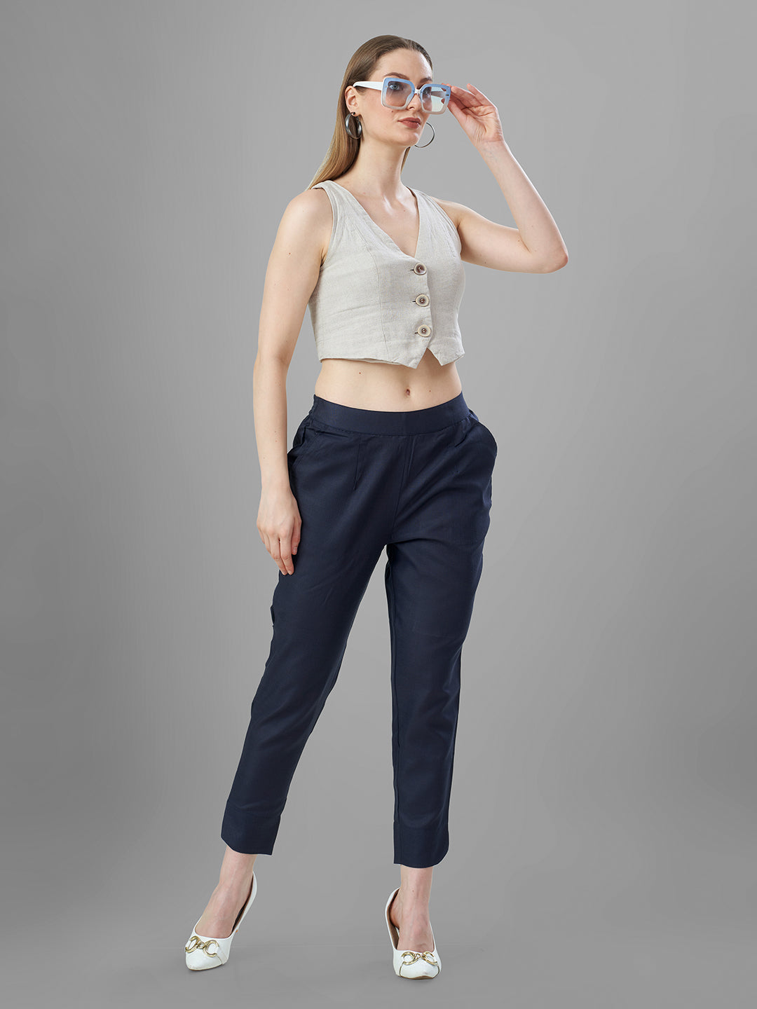 Trendy Silk Cigarette Pants for Ladies in navy | Tittli
