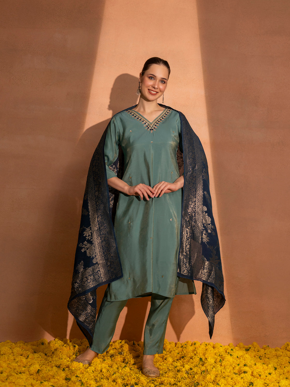 TITTLI Women Handwork Embroidered V-Neck Roman Silk Kurta Set with Jacquard Banarasi Dupatta (Aqua)