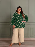 TITTLI Women Plus Size Printed Pure Cotton V-Neck Flared Sleeve Short Kurti (Dark Green)