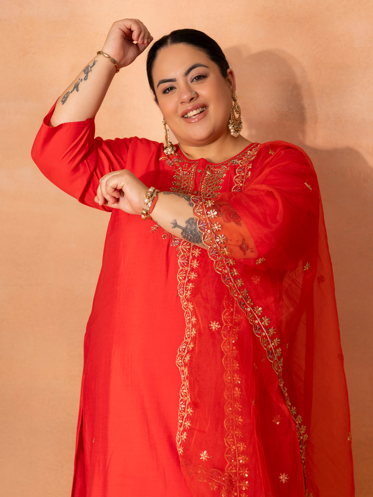 TITTLI Plus Size Women Handwork Embroidered U-Neck Roman Silk Kurta Set with Cut-Work Dupatta (Red)