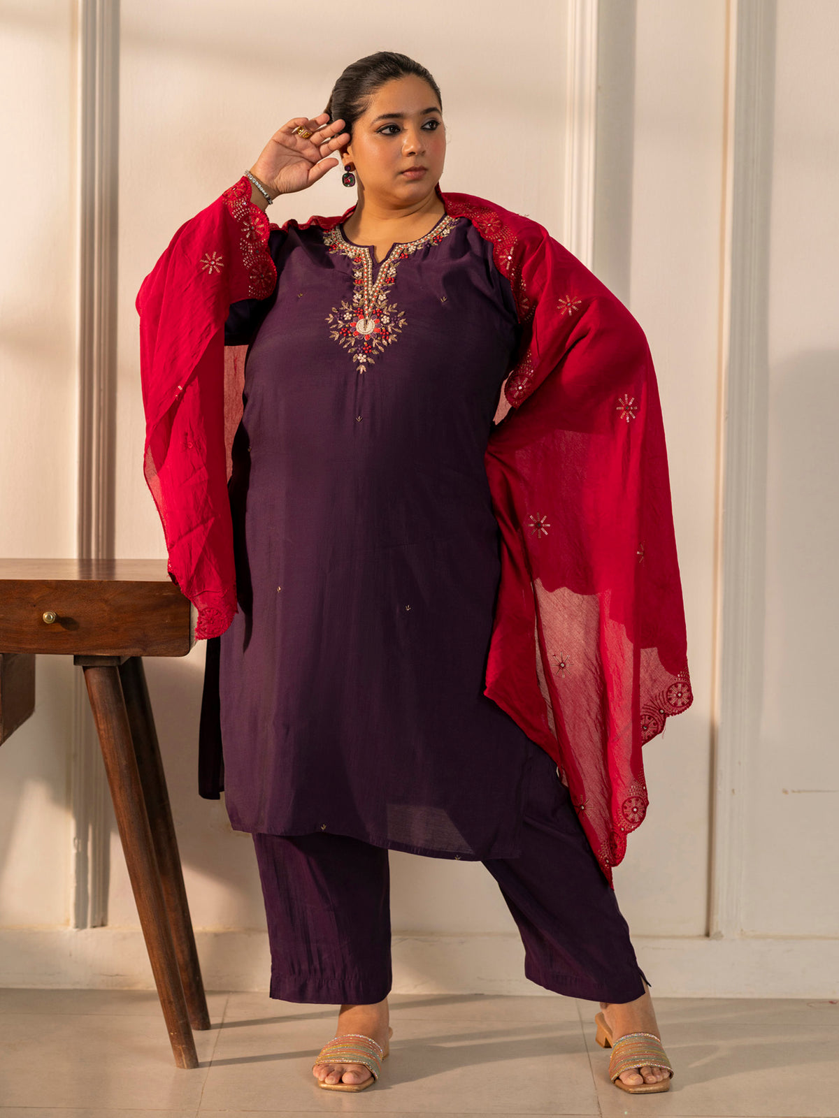 TITTLI Plus Size Women Handwork Embroidered Round Neck with V Drape Roman Silk Kurta Set with Cut-Work Dupatta (Wine)