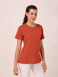 TITTLI Women Solid Colour Pure Cotton Regular Fit T-shirt(Brick Rust)