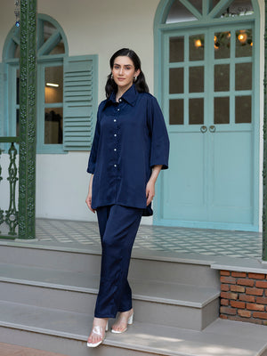 Navy Blue Color Up-Down Shirt Co-Ord Set for Women in India