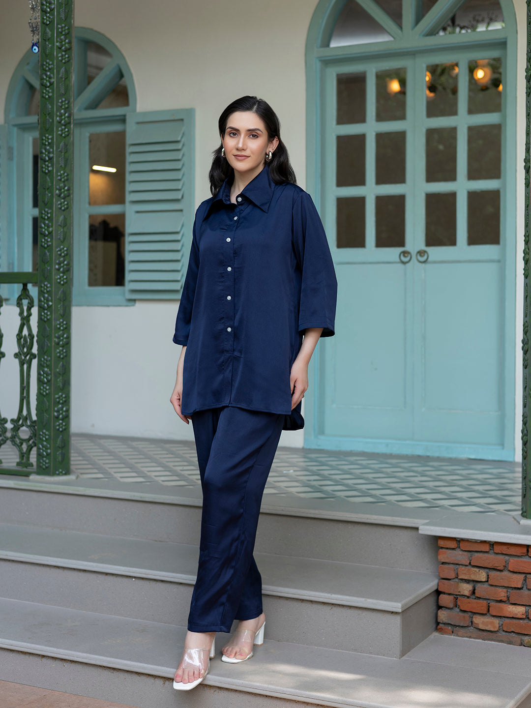 Navy Blue Color Up-Down Shirt Co-Ord Set for Women in India